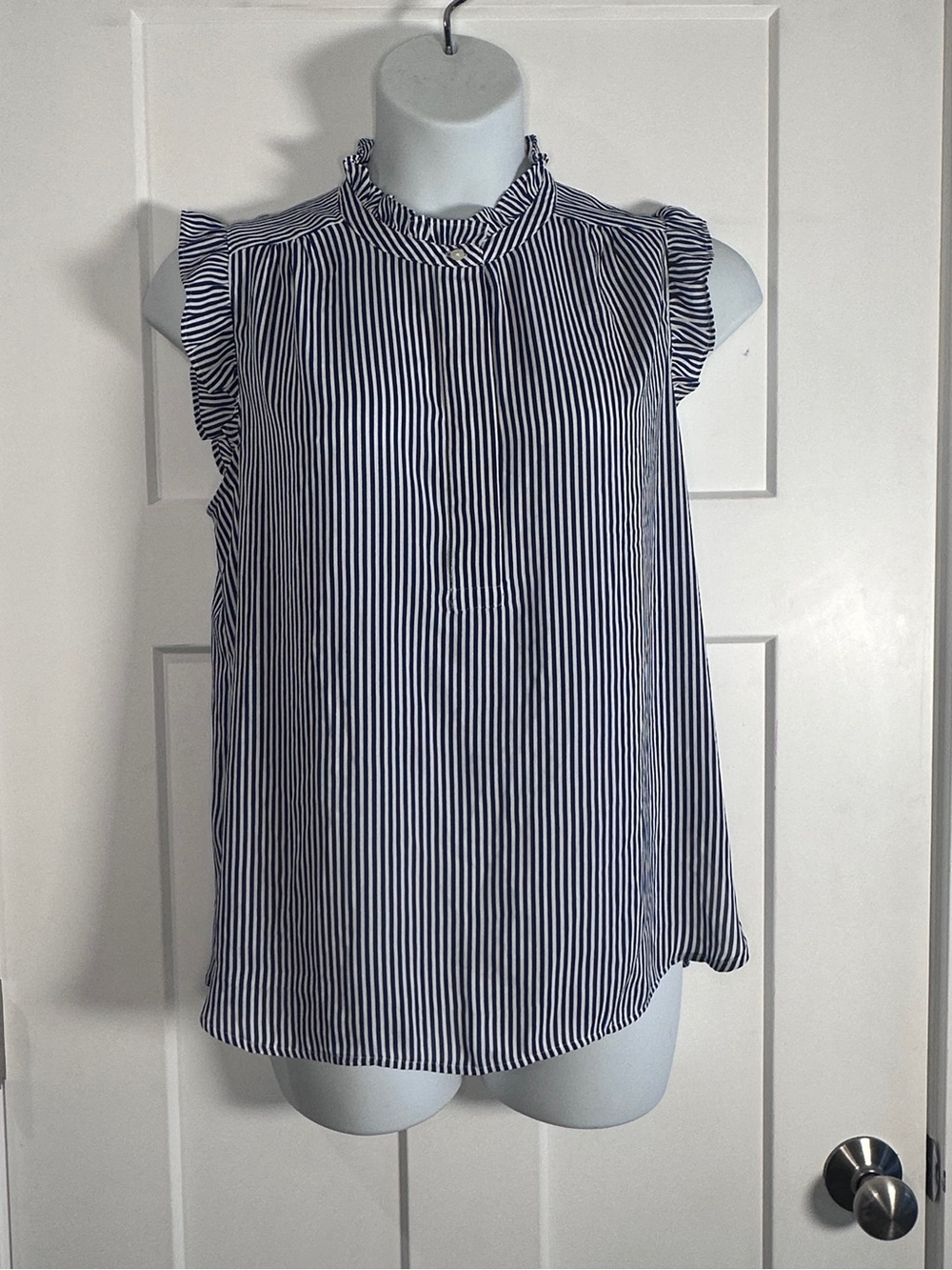 LOFT Navy and White Striped Ruffle-Sleeve Shell